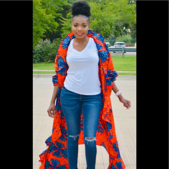 Long vibrant African print duster w/puffy sleeves - Picture 3 of 3